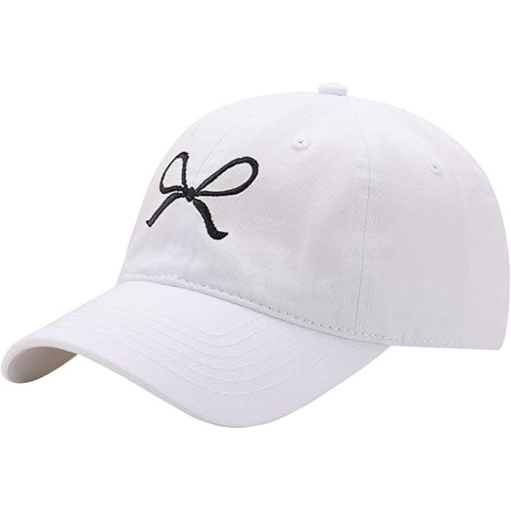 Unisex White Embroidered Bow Tie 100% Cotton Adjustable Classic Baseball Caps - Picture 2 of 2